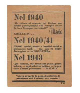 Allontanatevi Dalle Fabbriche. I Bombardieri Ango-Americani Verrano a Polverizzarle. (American or British Army Propaganda Leaflet Warning Workers to "Stay away from factories. Anglo-American bombers are going to pulverize them"