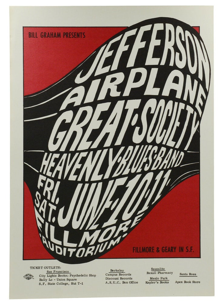 Item #140939685 Original poster for Jefferson Airplane, Great Society, Heavenly Blues Band, June 10-11, 1966 at Fillmore Auditorium. Wes Wilson, Artist.