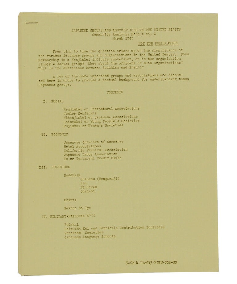 Item #140940339 Japanese Groups and Associations in the United States Community Analysis Report No. 3, March 1943. Japanese Internment, War Relocation Authority.