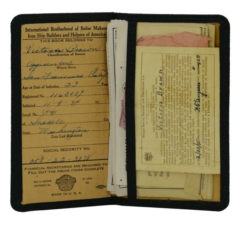 Item #140941626 Wallet of union documents from an American female welder in WWII. Victoria Brown.