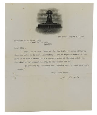 Item #140942263 Typed letter signed by Nikola Tesla on his company stationery to paranormal...