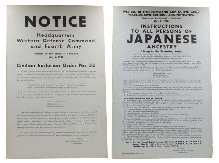 Item #140942308 [Japanese Internment Posters] Instructions to Persons of Japanese Ancestry Living in the Following Area [with] Notice: Headquarters Western Defense Command and Fourth Army [...] Civilian Exclusion Order No. 32. J. L. DeWitt.