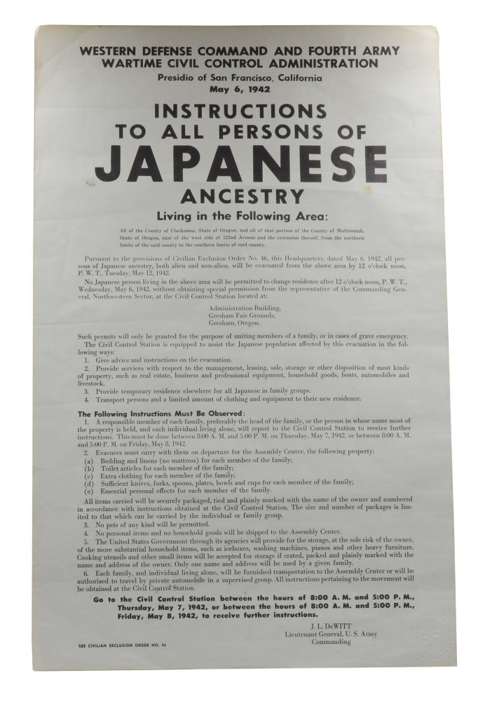 Item #140942310 [Japanese Internment Poster] Instructions to Persons of Japanese Ancestry Living in the Following Area (Gresham, Oregon). J. L. DeWitt.