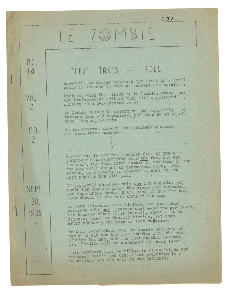 Item #140943303 Le Zombie: Whole Number 14. Volume 2, Number 2. September 30, 1939. Bob Tucker.