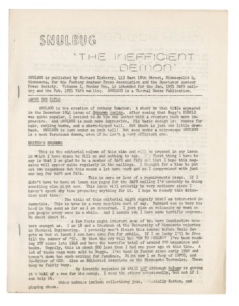 Item #140943320 Snulbug: Volume 1, Number 1. February 1951. Richard Elsberry.