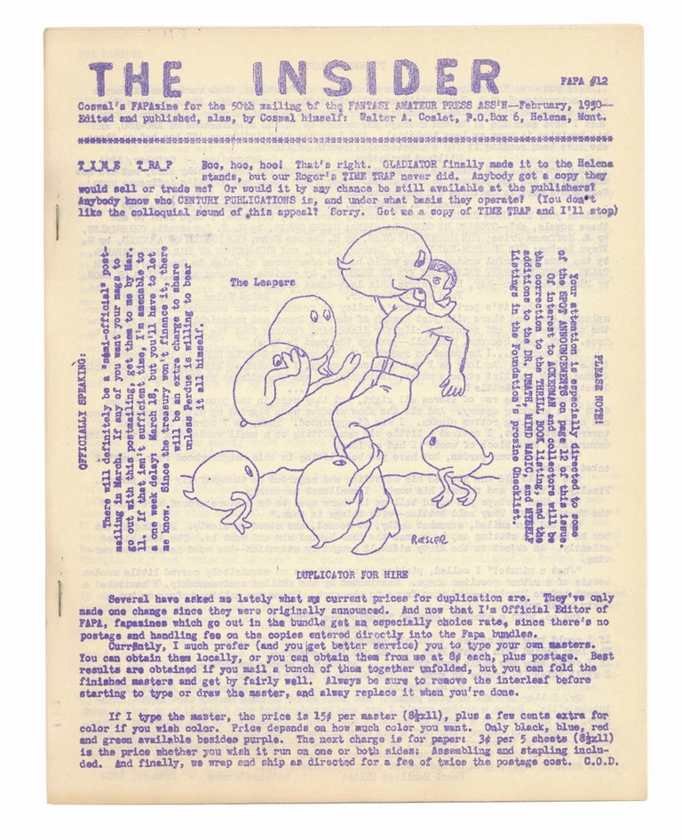 Item #140943386 The Insider: Coswal's FAPAzine for the 50th Mailing. February 1950. Coswal, Walter A. Coslet.