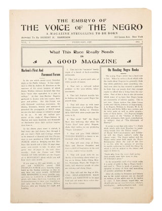 Item #140944336 The Embryo of the Voice of the Negro: A Magazine Struggling to Be Born. Hubert H....