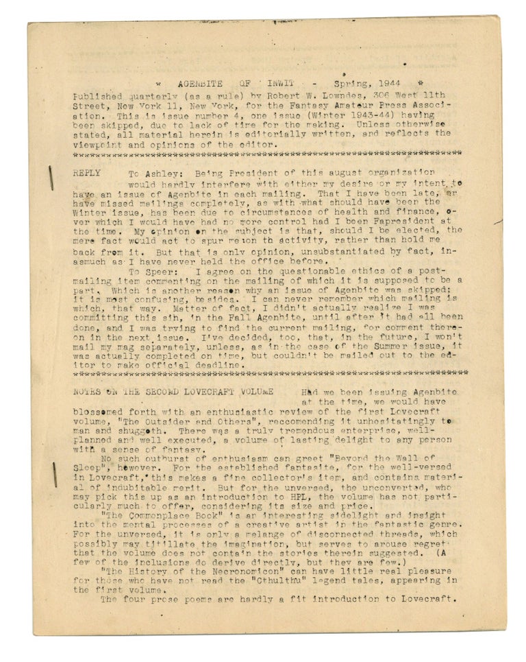 Item #140944547 Agenbite of Inwit: Issue 4. Spring, 1944. Robert W. Lowndes, John B. Michel, Contributor.