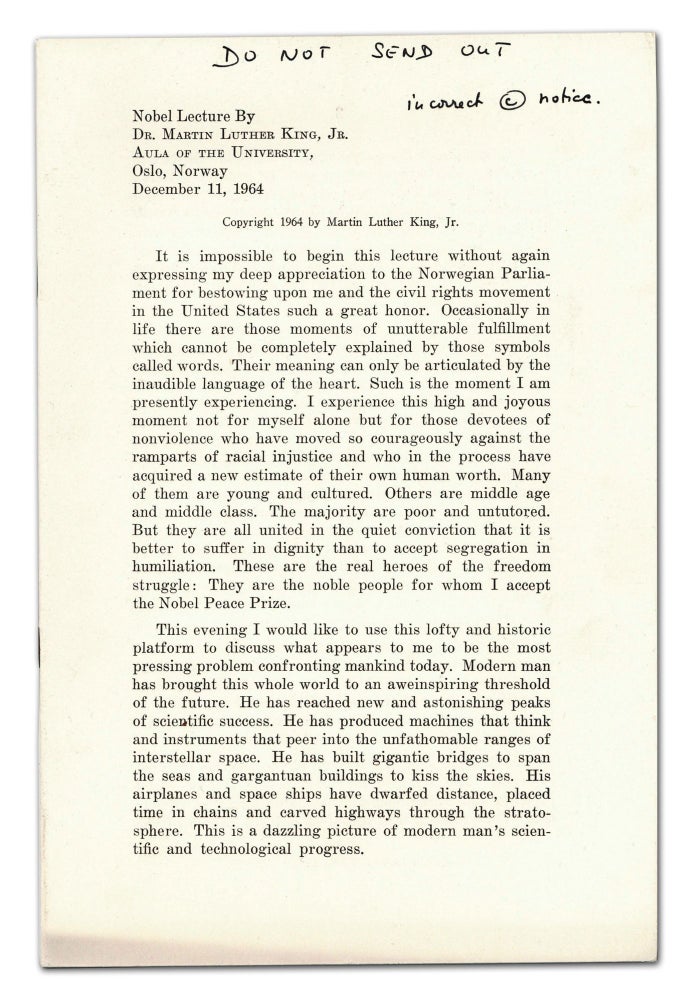 Item #140944677 Nobel Lecture By Dr. Martin Luther King, Jr. Aula of the University, Oslo, Norway December 11, 1964. Martin Luther King, Jr.
