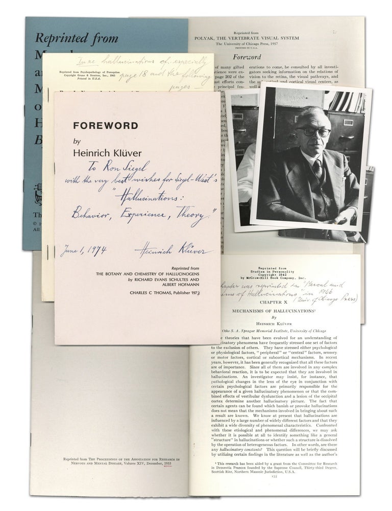 Item #140945224 Small archive of six author's offprints by psychologist Heinrich Kluver, some signed, with photos, from the collection of Ronald K. Siegel. Heinrich Kluver, Ronald K. Siegel.