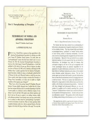 Small archive of six author's offprints by psychologist Heinrich Kluver, some signed, with photos, from the collection of Ronald K. Siegel