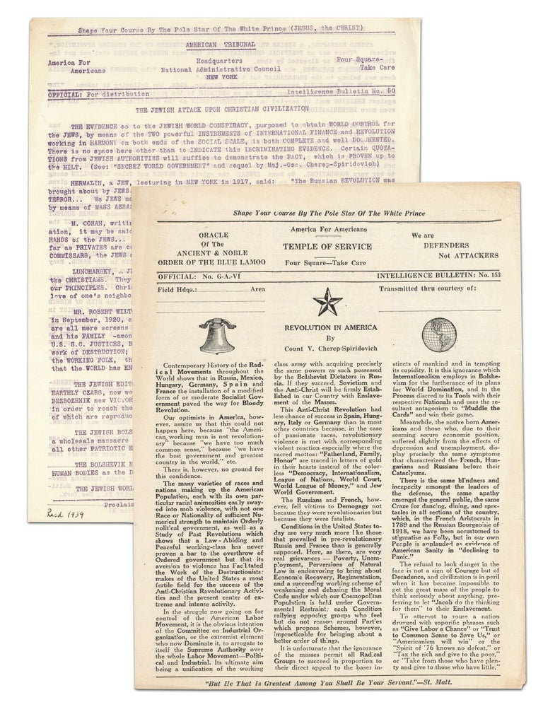 Item #140945530 Two newsletters from America for Americans: Intelligence Bulletins Nos. 50 & 153 (Fascism). V. Cherep-Spiridovich, Howard Victor von Broenstrupp.