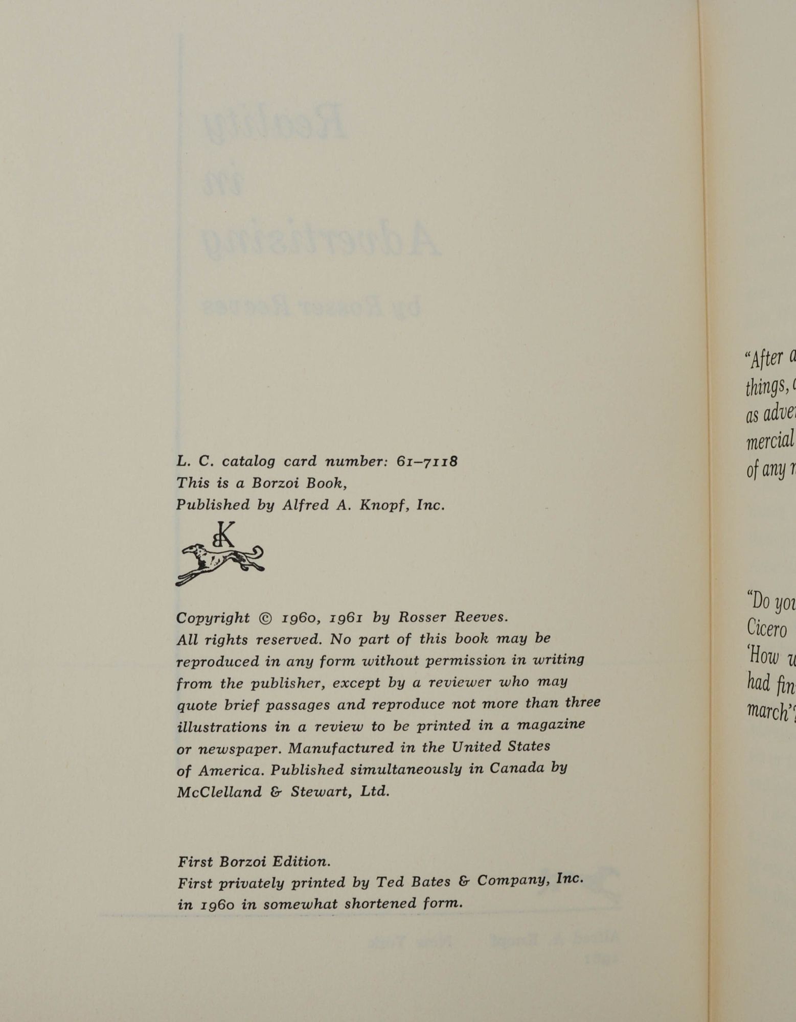 Reality in Advertising | Rosser Reeves | First Trade Edition