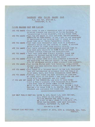 Early 1960s UFO archive of correspondence, club notes from the Flying Saucer Observer Group, newspaper clippings, and issues of Flying Saucer News and other fanzines