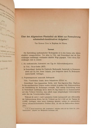 "Uber den Allgemeinen Plankalkul als Mittel zur Formulierung schematisch-kombinativer Aufgaben" [in] Archiv der Mathematik. Band 1, Heft 6, 1948/49.