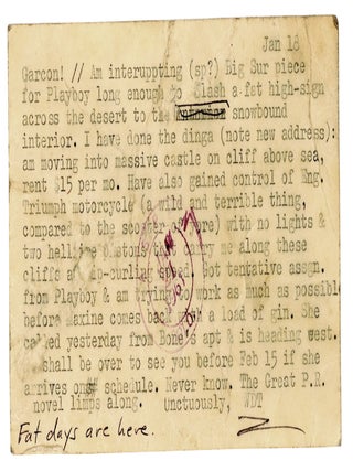 "Garcon!" Typed, hand-annotated 1961 postcard from Hunter S. Thompson about writing The Rum Diary