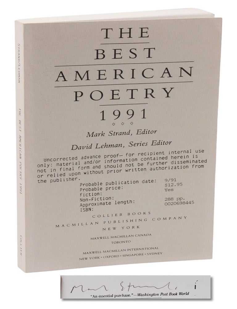 Item #140949587 The Best American Poetry 1991 (Mark Strand's copy). Mark Strand, David Lehman, Series.