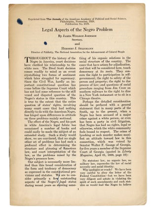 Item #140949770 Legal Aspects of the Negro Problem. James Weldon Johnson, Herbert J. Seligmann