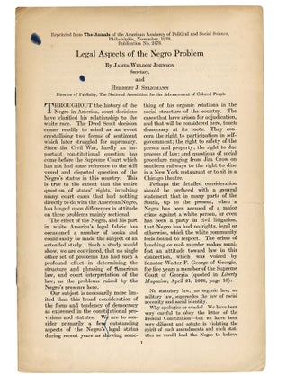 Item #140949770 Legal Aspects of the Negro Problem. James Weldon Johnson, Herbert J. Seligmann